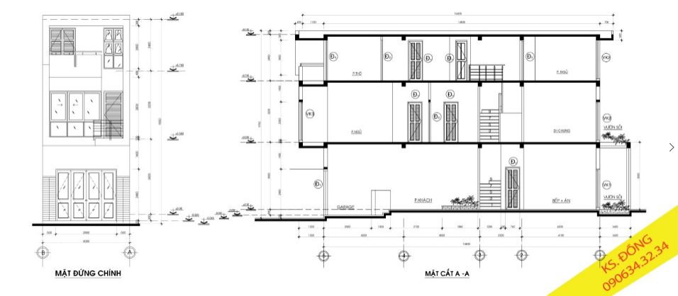 Bản vẽ nhà phố 3 tầng (4 m x 14.5m )